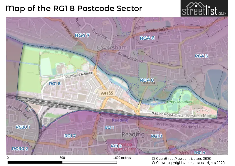 Map of the RG1 8 and surrounding postcode sector