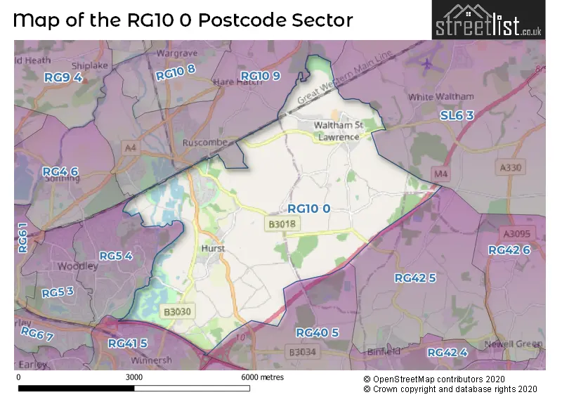 Map of the RG10 0 and surrounding postcode sector
