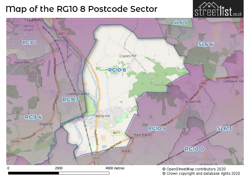 Map of the RG10 8 and surrounding postcode sector