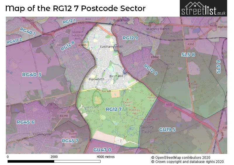 Map of the RG12 7 and surrounding postcode sector