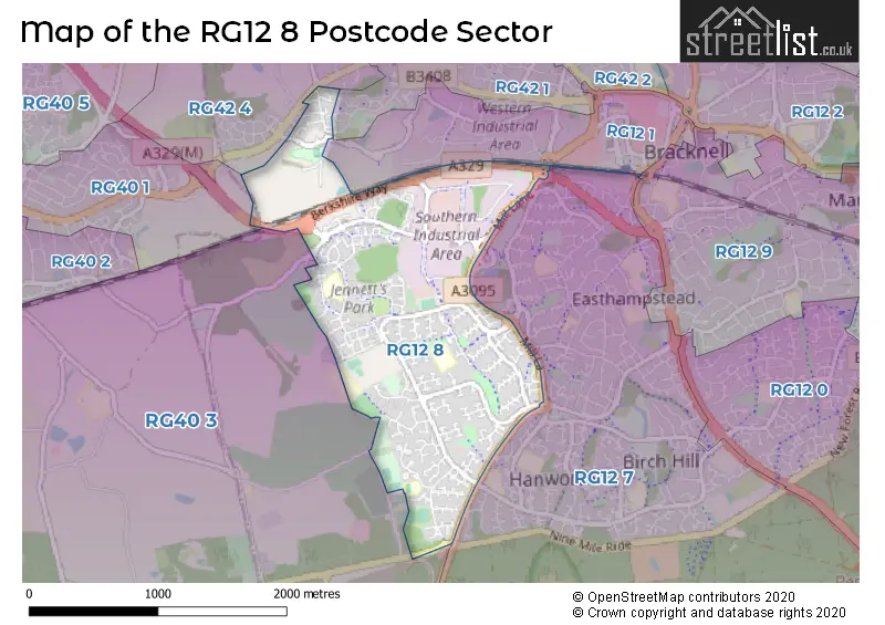 Map of the RG12 8 and surrounding postcode sector