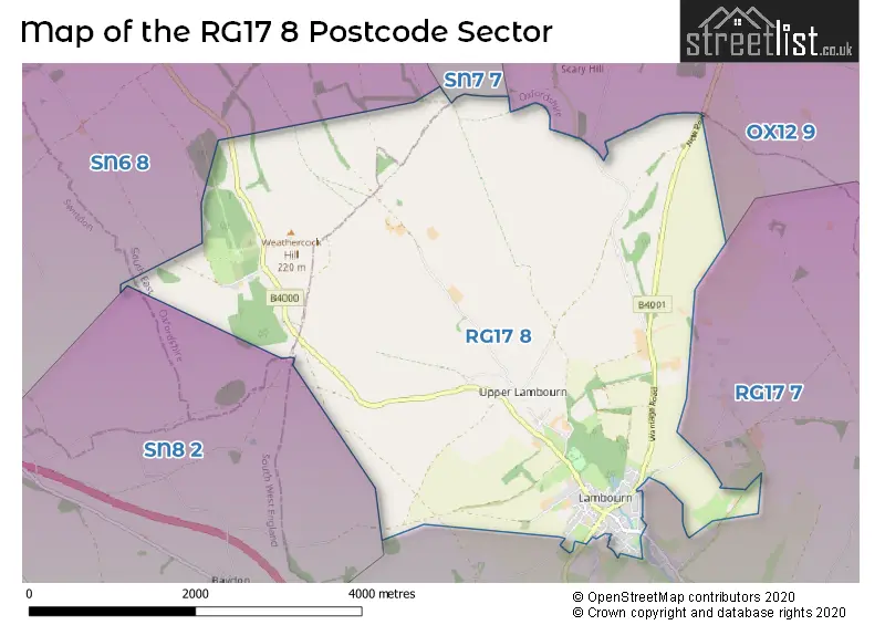 Map of the RG17 8 and surrounding postcode sector