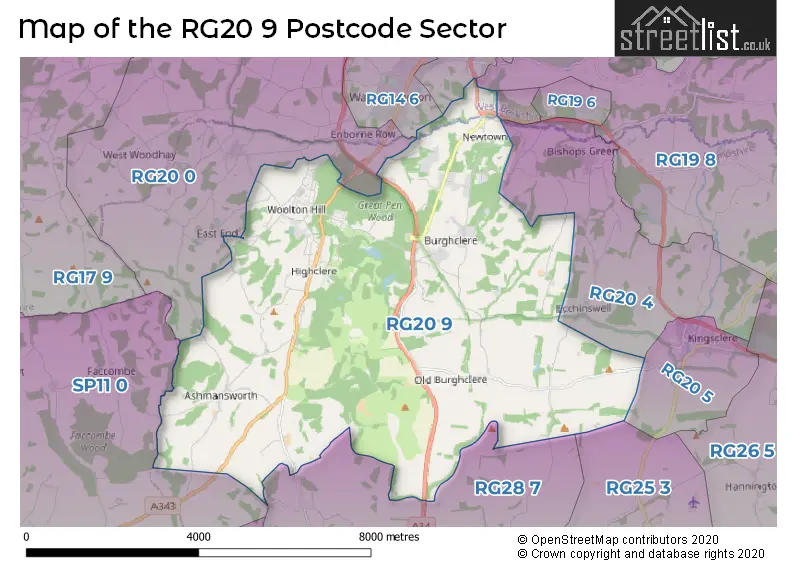 Map of the RG20 9 and surrounding postcode sector