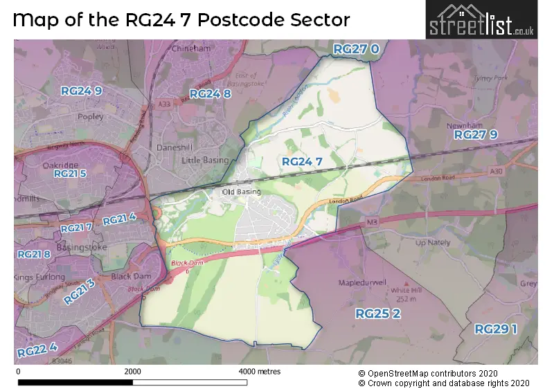 Map of the RG24 7 and surrounding postcode sector