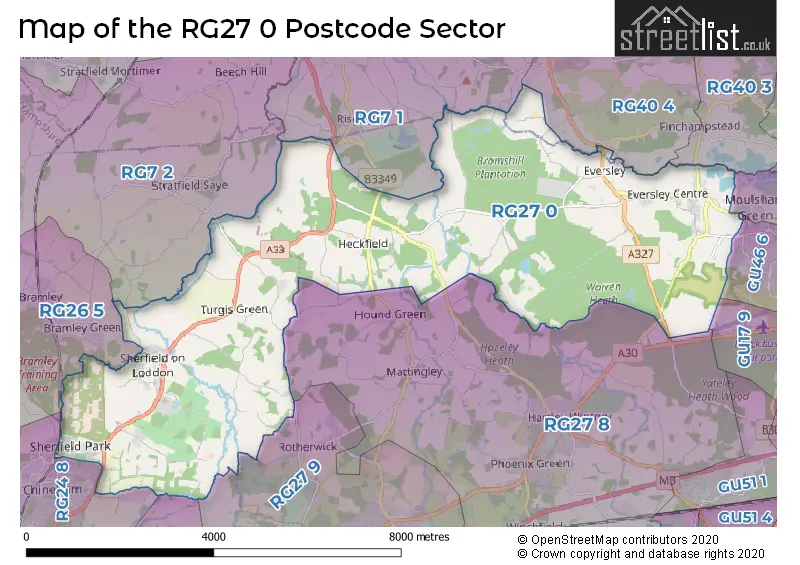 Map of the RG27 0 and surrounding postcode sector