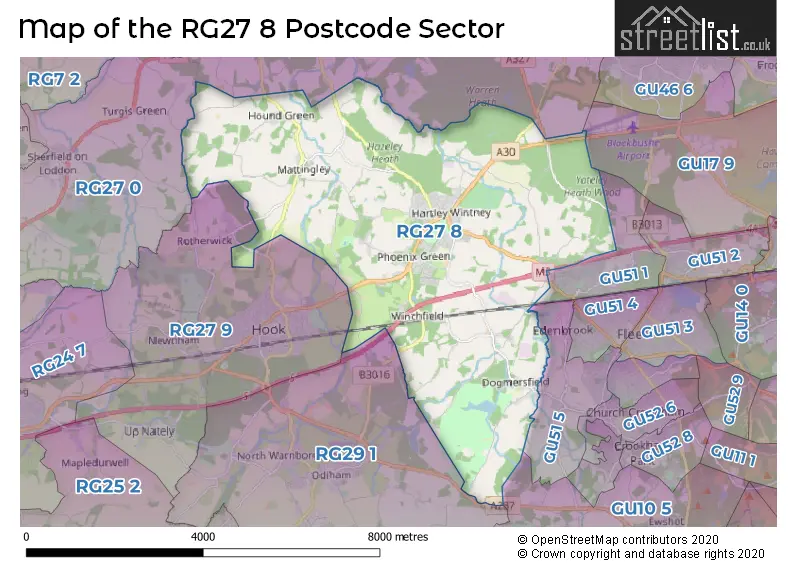 Map of the RG27 8 and surrounding postcode sector