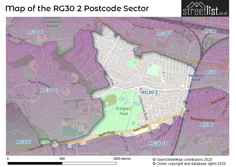 Map of the RG30 2 and surrounding postcode sector