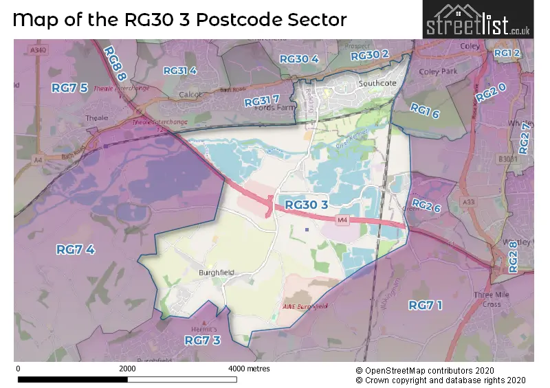 Map of the RG30 3 and surrounding postcode sector