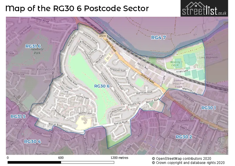 Map of the RG30 6 and surrounding postcode sector