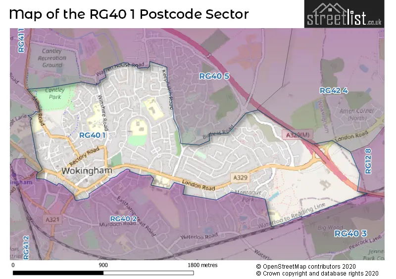Map of the RG40 1 and surrounding postcode sector