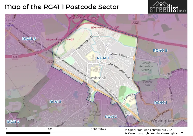 Map of the RG41 1 and surrounding postcode sector
