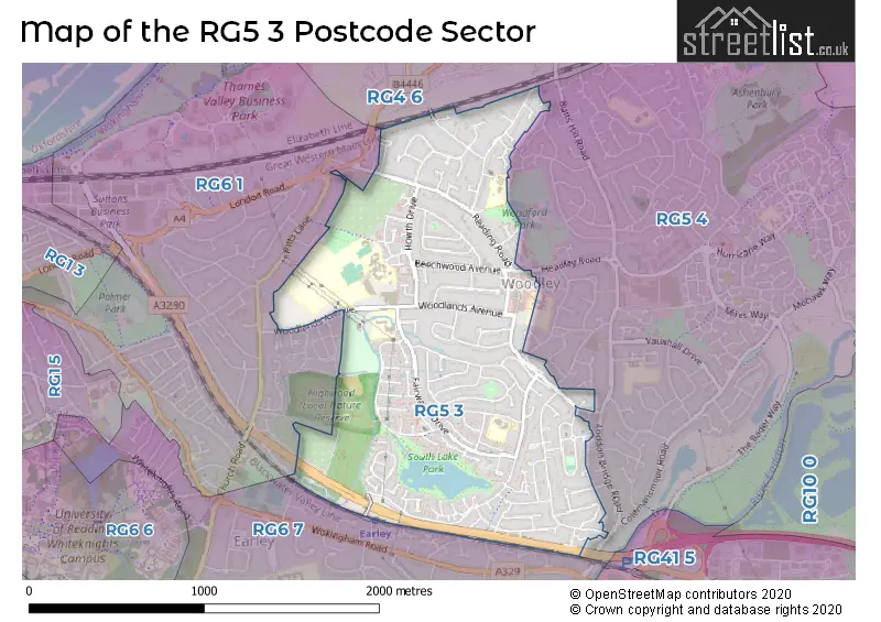 Map of the RG5 3 and surrounding postcode sector