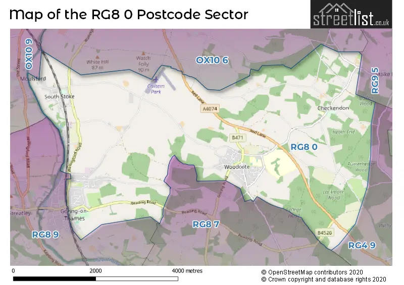 Map of the RG8 0 and surrounding postcode sector