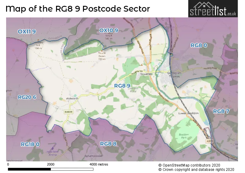 Map of the RG8 9 and surrounding postcode sector