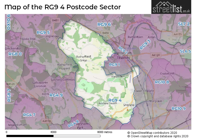 Map of the RG9 4 and surrounding postcode sector