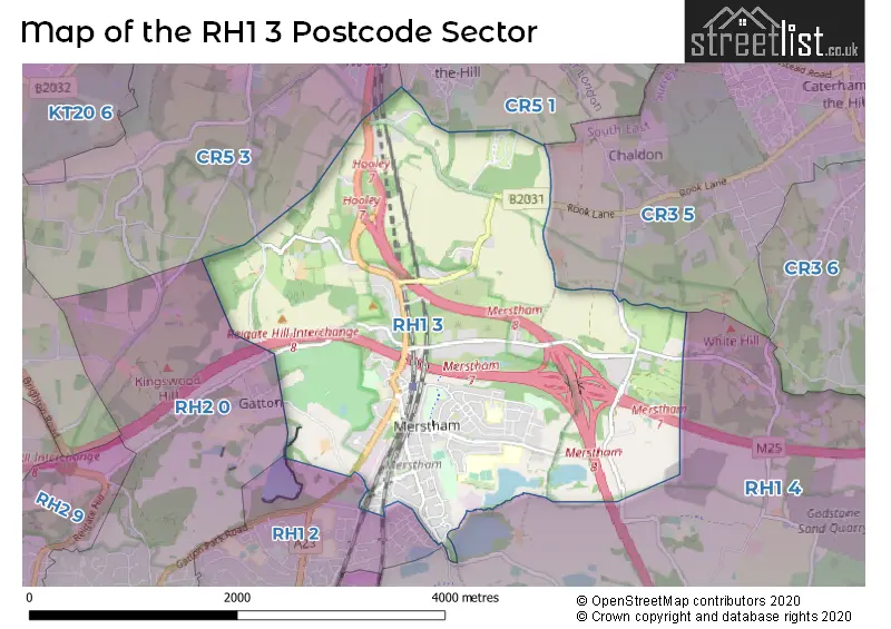 Map of the RH1 3 and surrounding postcode sector