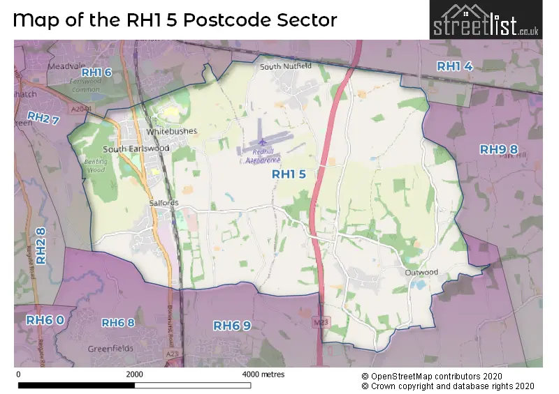 Map of the RH1 5 and surrounding postcode sector