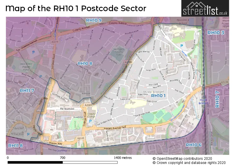 Map of the RH10 1 and surrounding postcode sector