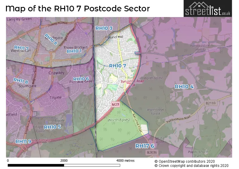 Map of the RH10 7 and surrounding postcode sector