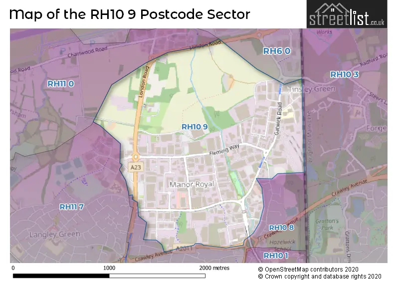 Map of the RH10 9 and surrounding postcode sector