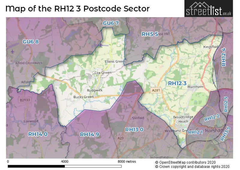 Map of the RH12 3 and surrounding postcode sector