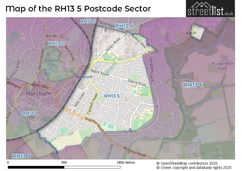 Map of the RH13 5 and surrounding postcode sector