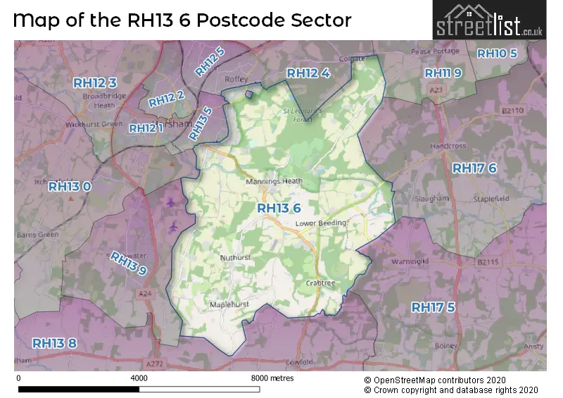 Map of the RH13 6 and surrounding postcode sector