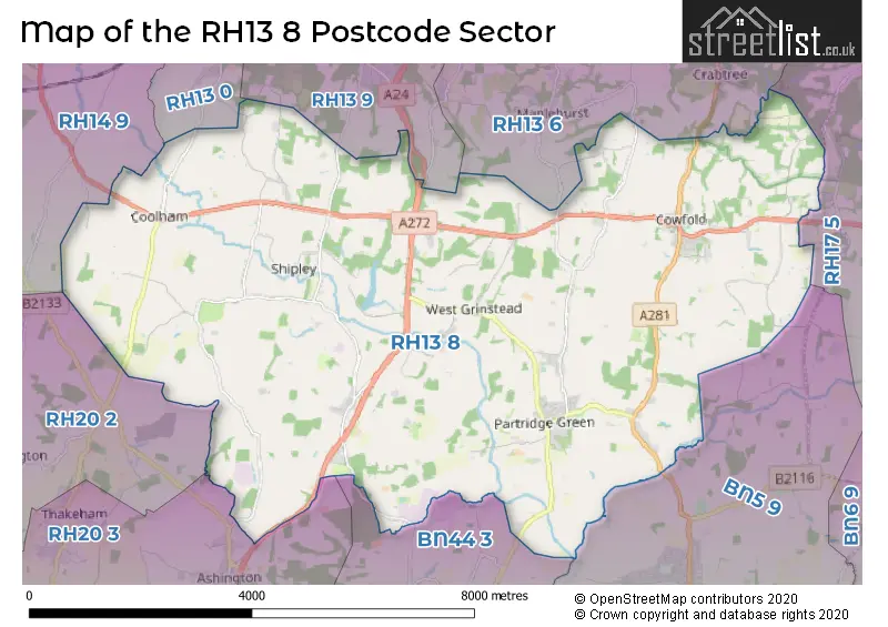 Map of the RH13 8 and surrounding postcode sector