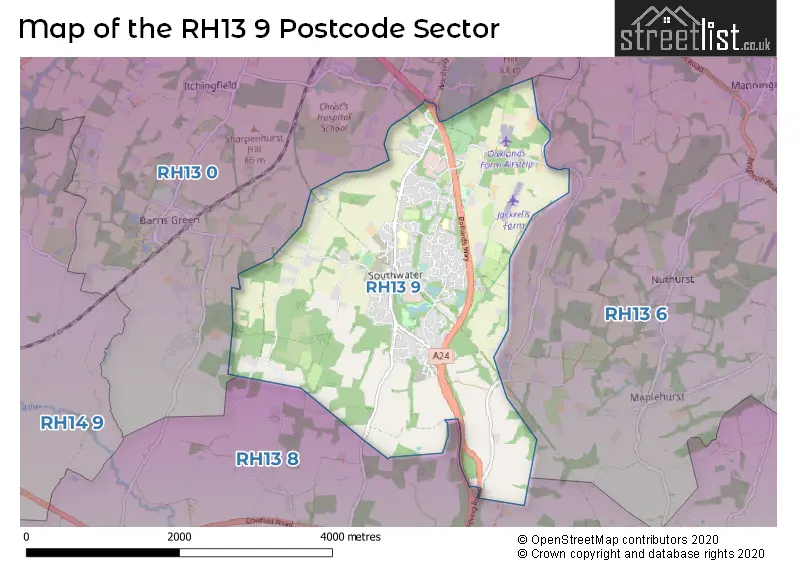 Map of the RH13 9 and surrounding postcode sector