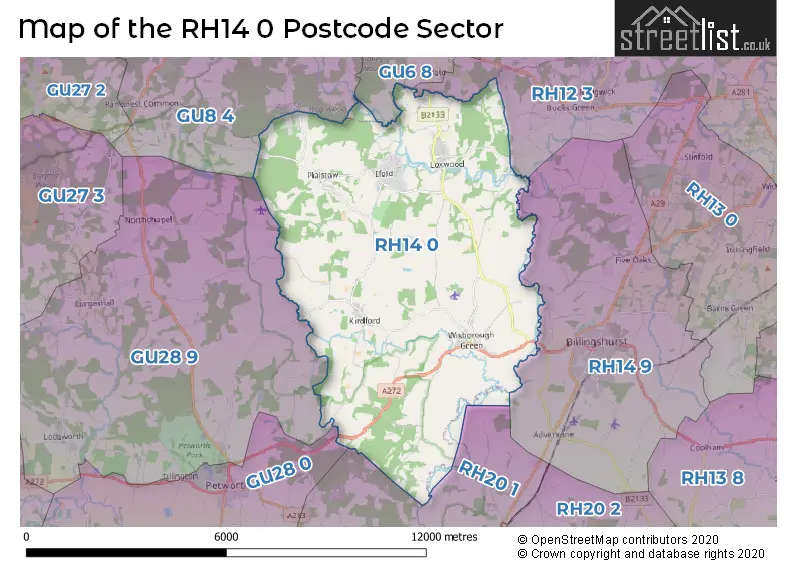 Map of the RH14 0 and surrounding postcode sector
