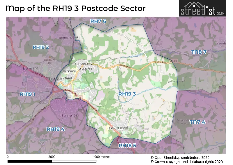 Map of the RH19 3 and surrounding postcode sector