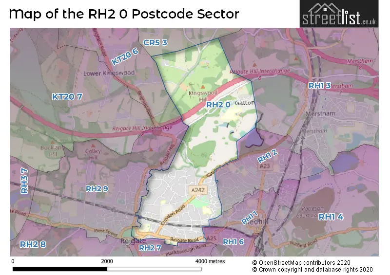 Map of the RH2 0 and surrounding postcode sector