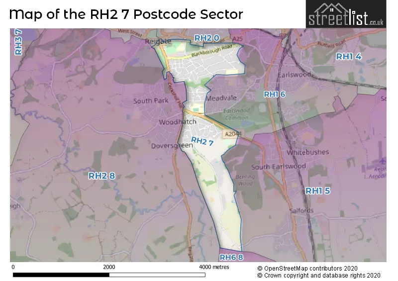 Map of the RH2 7 and surrounding postcode sector