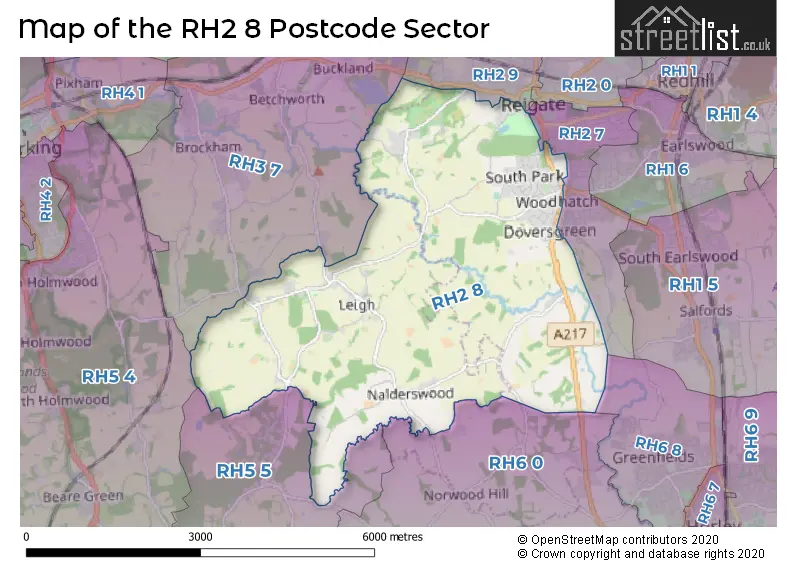 Map of the RH2 8 and surrounding postcode sector