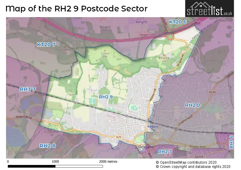 Map of the RH2 9 and surrounding postcode sector