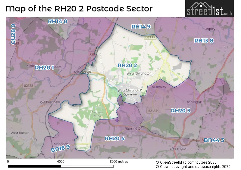 Map of the RH20 2 and surrounding postcode sector
