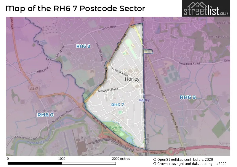 Map of the RH6 7 and surrounding postcode sector