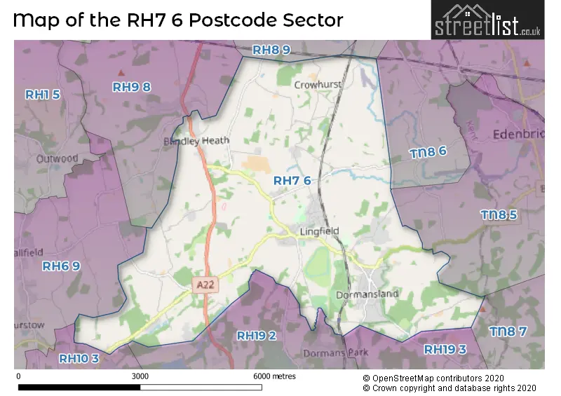 Map of the RH7 6 and surrounding postcode sector
