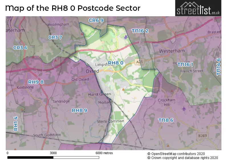 Map of the RH8 0 and surrounding postcode sector