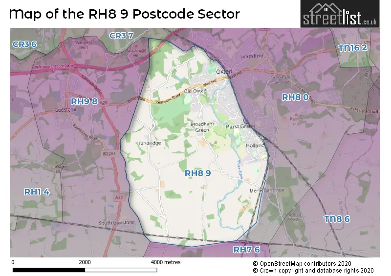 Map of the RH8 9 and surrounding postcode sector