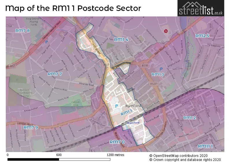 Map of the RM1 1 and surrounding postcode sector