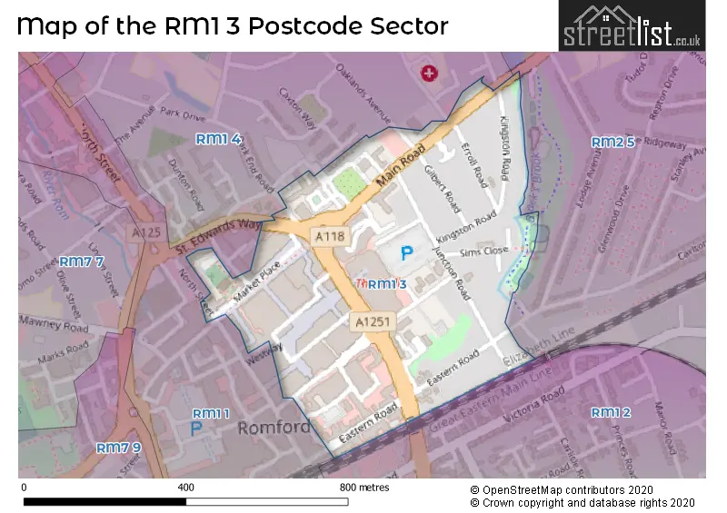 Map of the RM1 3 and surrounding postcode sector