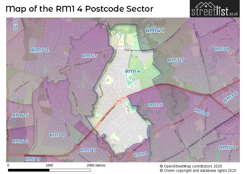 Map of the RM1 4 and surrounding postcode sector