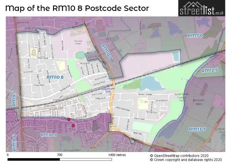 Map of the RM10 8 and surrounding postcode sector