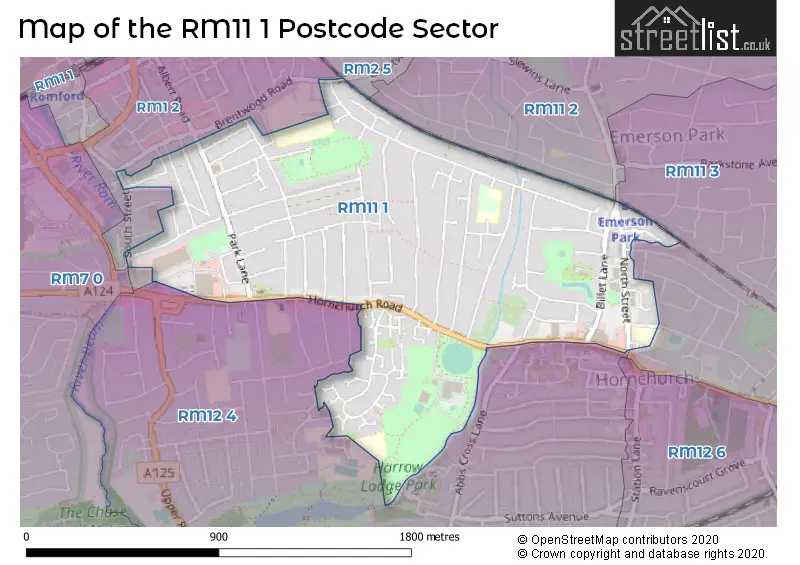 Map of the RM11 1 and surrounding postcode sector