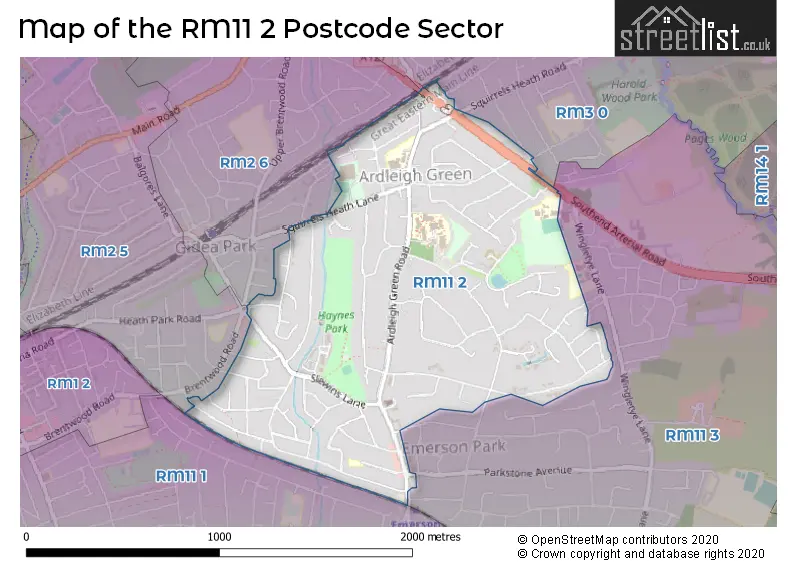 Map of the RM11 2 and surrounding postcode sector