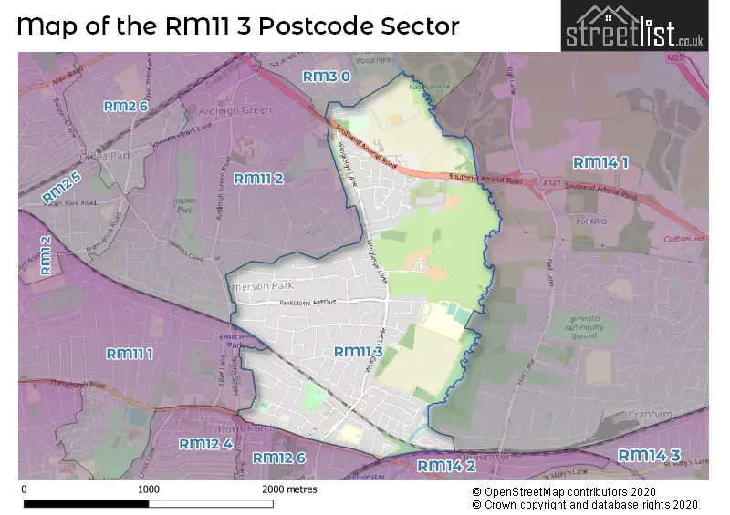 Map of the RM11 3 and surrounding postcode sector