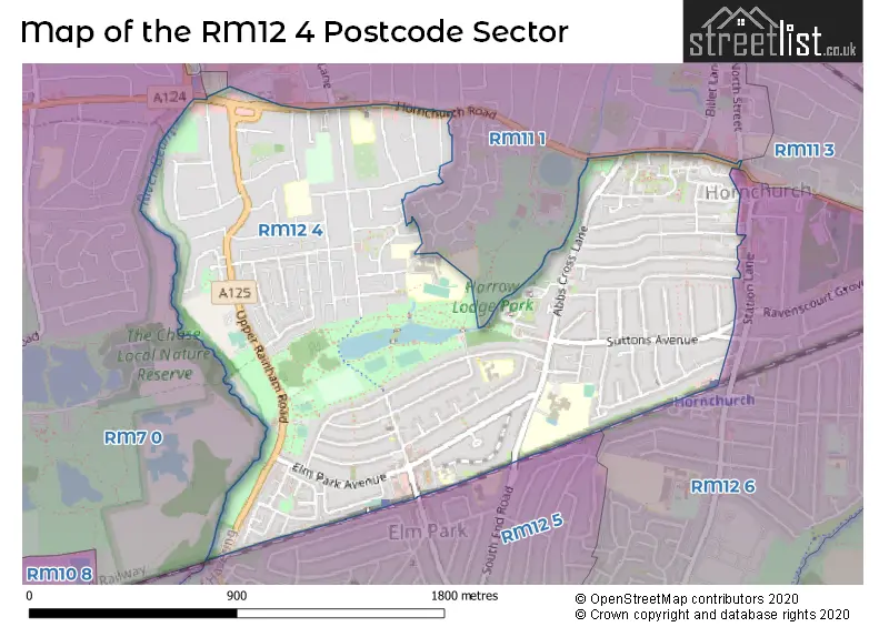 Map of the RM12 4 and surrounding postcode sector