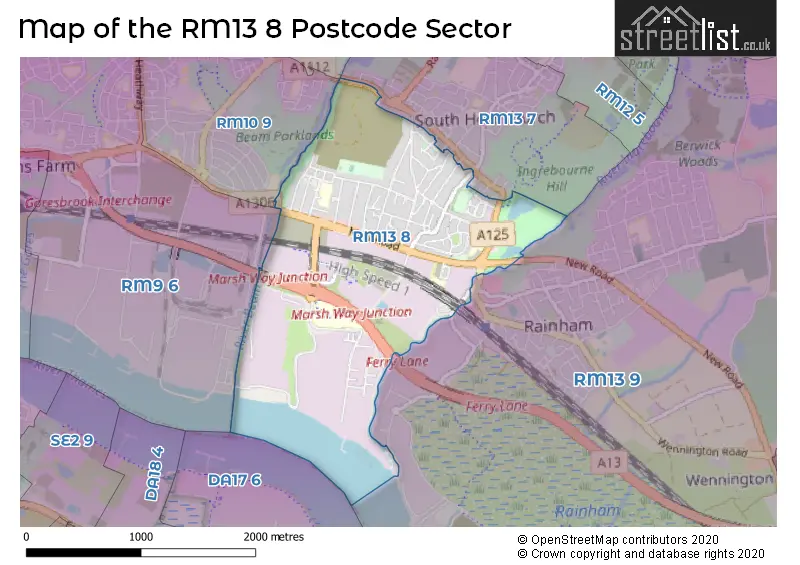 Map of the RM13 8 and surrounding postcode sector
