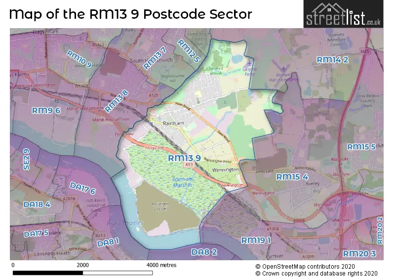 Map of the RM13 9 and surrounding postcode sector